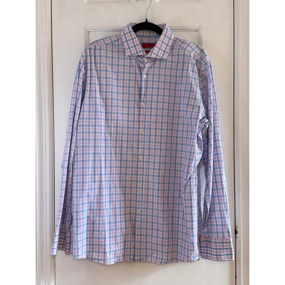 Hugo Boss "Sharp Fit"  dress shirt a pink/blue plaid Sz16.5